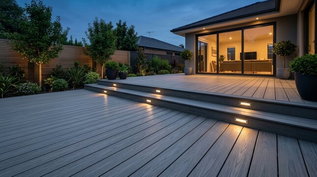 Ash grey composite decking with two-level design and integrated deck lights.