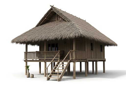 Traditional stilt house with thatched roof and wooden staircase