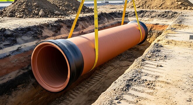 Large concrete pipe being lifted by a crane into a deep trench at a construction site. clay sewer pipe