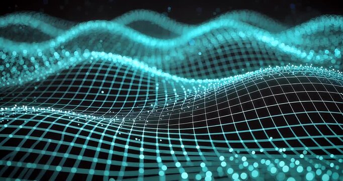 Abstract digital landscape featuring an undulating glowing blue grid with numerous interconnected dots, symbolizing data, networks, and futuristic technology.