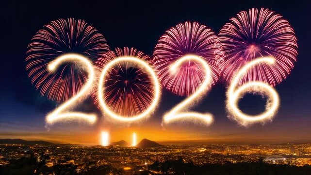 Glowing "2026" written with lights against dark sky filled with fireworks, city below