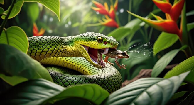 Emerald Tree Python With Frog in Tropical Rainforest