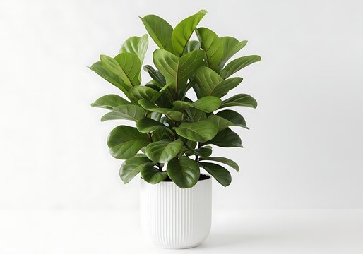 Lush fiddle leaf fig plant in a white pot against a plain background