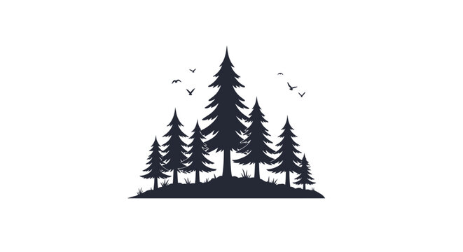 Black silhouette of pine trees on white.