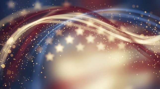 Dynamic abstract American flag background with flowing light trails, sparkling particles, and glowing stars.