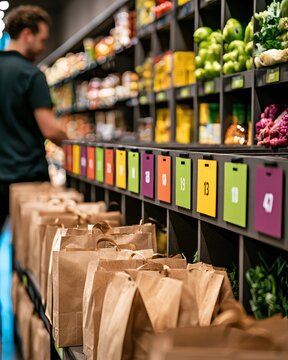 Curbside pickup shelf with numbered cubbies and grocery bags in store