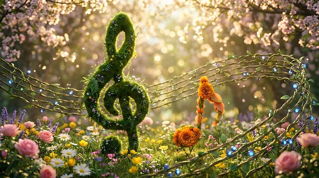 Magical spring garden with music notes made of moss and flowers, blooming trees and soft sunlight, enchanting natural symphony.