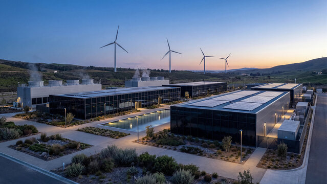 Modern sustainable data center with rooftop solar panels cooling towers glass buildings and wind turbines on hills at twilight cloud computing renewable energy infrastructure concept view