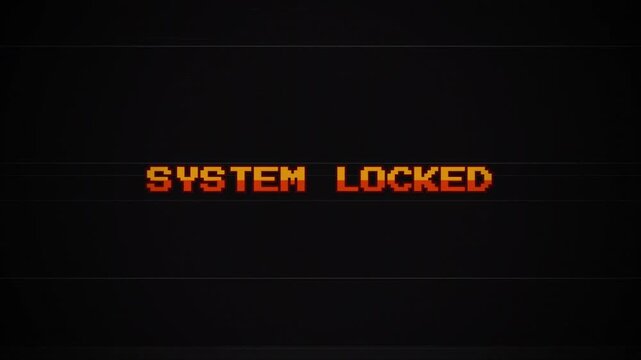 System Locked 8-bit Text Animation with Retro Glitch Effect, Vintage Arcade Game Screen, Old TV VHS Interference, Pixel Art Gaming, Cyber Security Error, CRT Monitor 4k video