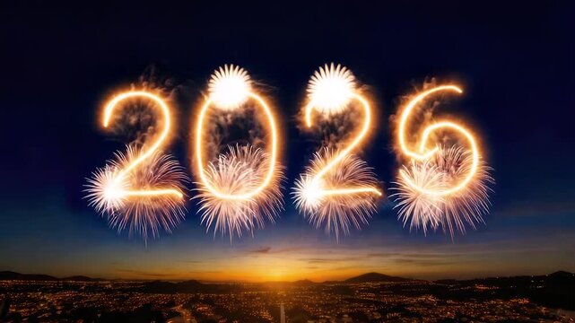 Fireworks spelling "2026" explode above a city at sunset