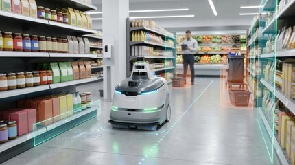 Fototapeta premium Autonomous cleaning robot sanitizing supermarket aisle with digital visualization and smart sensors