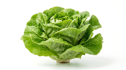 Fototapeta premium Single fresh organic green lettuce head with water droplets, healthy and nutritious food ingredient on white