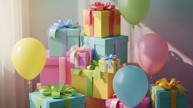Colorful stack of pastel gift boxes wrapped with satin ribbons surrounded by festive helium balloons