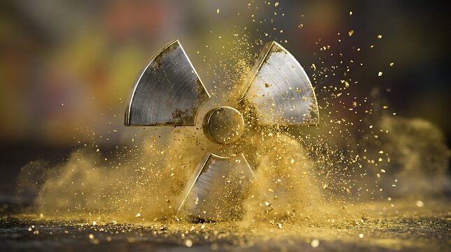 Radioactive symbol emitting golden dust and particles, symbolizing nuclear energy, danger, power, and scientific research.