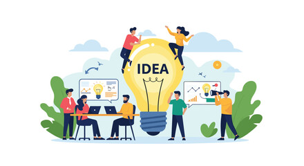 Fototapeta premium Team of creative business people collaborating around a giant glowing light bulb with the word IDEA for innovation concepts.