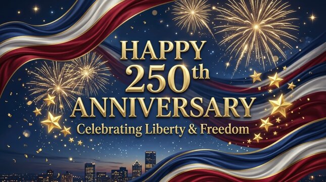 Happy 250th Anniversary, Celebrating Liberty & Freedom with Fireworks and American Flags