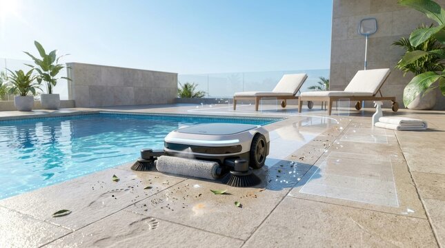 Smart robotic poolside cleaner automating maintenance on sunny outdoor stone patio decking area