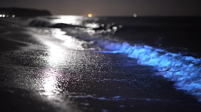 Bioluminescent Waves Glowing Blue on Dark Beach at Night.