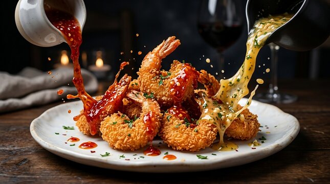 Delicious fried shrimp with sauce on plate on wooden table