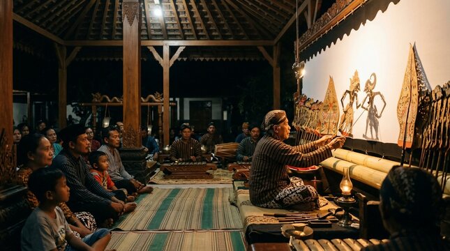 Traditional Indonesian Shadow Puppet Performance at Night