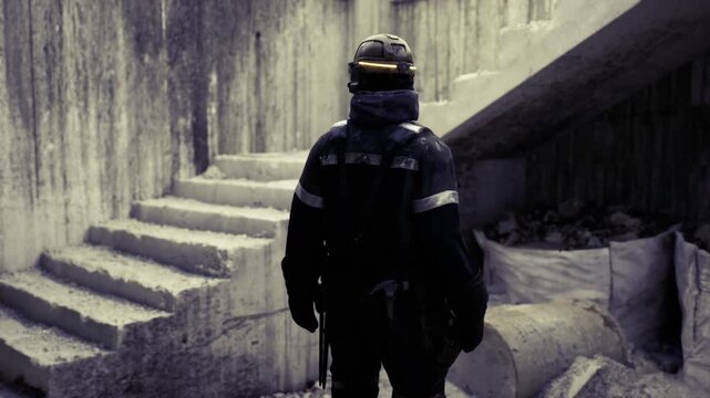 Firefighter assessing damaged concrete stairwell with torch, examining rubble and stability of collapsing steps while documenting scene soot and dust coat