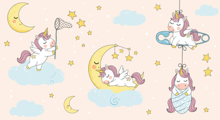 Naklejka premium Charming nursery illustration featuring magical winged unicorns sleeping and playing on soft clouds and crescent moons with golden stars.