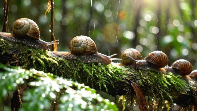 Snails crawl on a mossy branch in a forest during a gentle rainfall with a beautiful bokeh effect