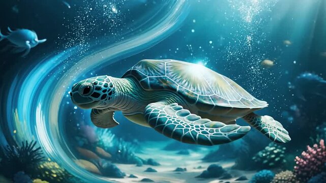 Graceful sea turtle swimming in vibrant underwater ocean scene surrounded by coral reef and fish