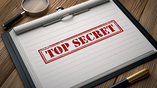 Top secret document confidential file security clearance classified information espionage concept investigation background spy dossier open wooden