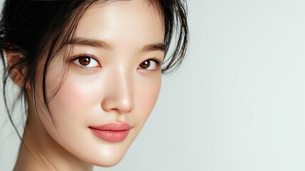 Fototapeta premium Elegant Portrait: A young Asian woman with flawless skin and gentle eyes gazes serenely, embodying natural beauty and subtle allure, a close-up capturing her delicate features.