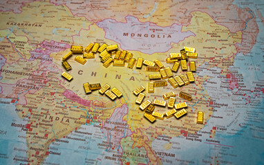 Fototapeta premium Gold bars on China map wealth and economy concept.