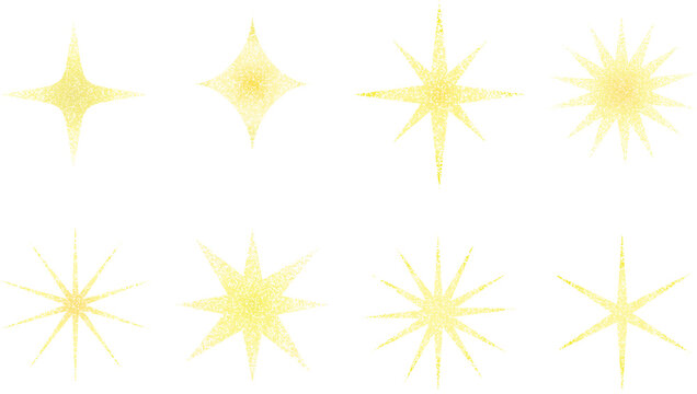 Golden yellow sparkling Retro stars set featuring stippled grain texture on transparent background. Vector illustration for banners, posters, brochures and layouts