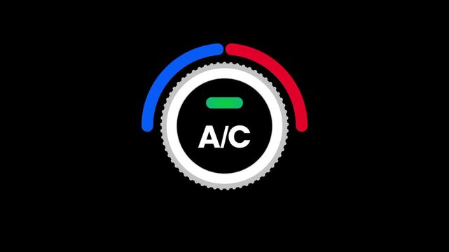 A black circular dial with colorful indicator arc labeled AC in green showing active air conditioning status in a control panel