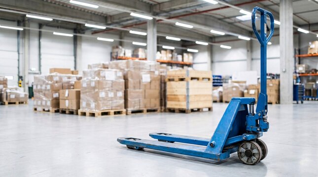 Industrial lifting equipment in massive warehouse with bright blue manual pallet jack resting on spotless gray concrete floor near pallets.