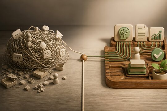 Conceptual workflow optimization with tangled chaos and connected dashboard blocks showing data flow automation and business process improvement