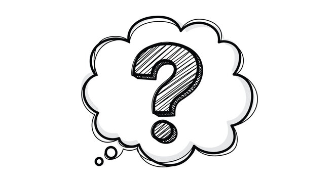 Sketchy thought bubble containing a large hand-drawn question mark, perfect for representing ideas, confusion, or creative problem-solving.