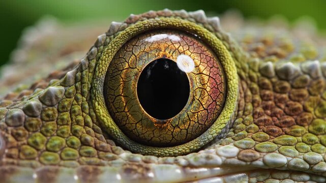 Extreme Macro Shot of Reptile Eye with Golden Cracked Iris and Slit Pupil Blinking