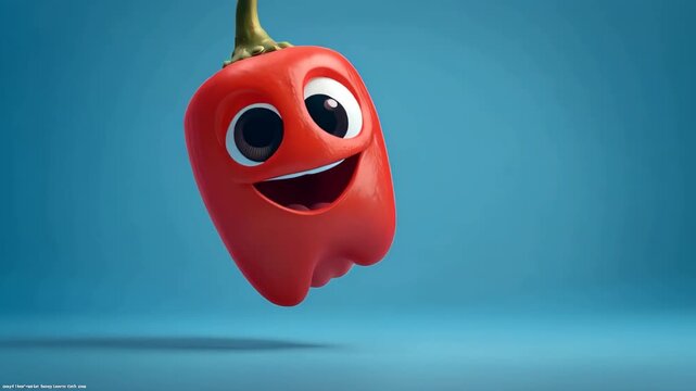 Red pepper character stands on a blue background with a big smile and large eyes showing a fun and playful expression at a creative studio setting