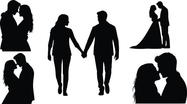 Couple Silhouette Set Romantic Love, Holding Hands, Embrace,  Vector eps 10 