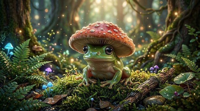 Green frog sitting under red mushroom in forest