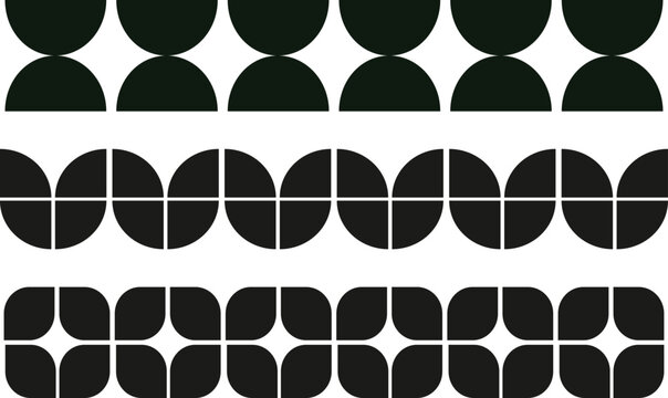 Set of Horizontal borders featuring mid century geometric shapes and semi circles in black and white on transparent background  . For dividers, frames and banners