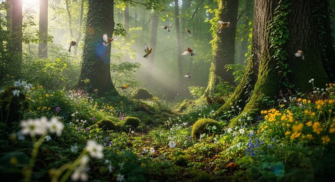 Forest landscape with sunlight and birds