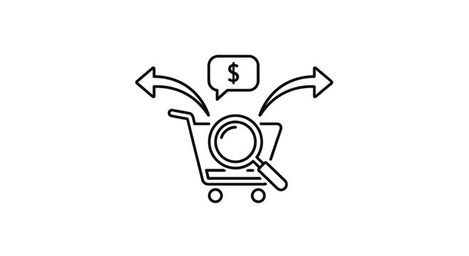 Shopping cart with magnifying glass and dollar sign, symbolizing online shopping analysis and e-commerce strategy