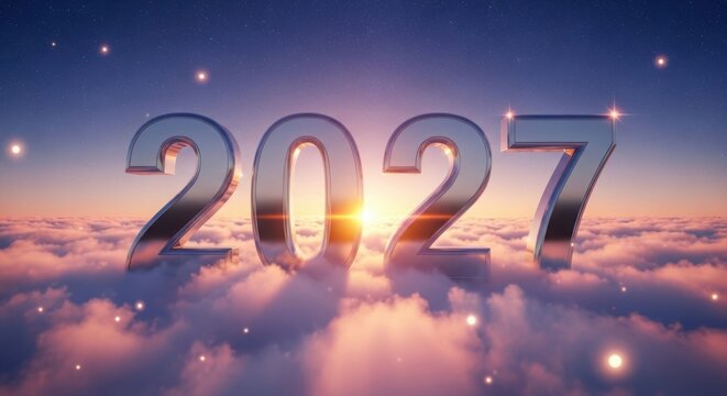 A futuristic depiction of the year 2027 in a celestial setting illustration