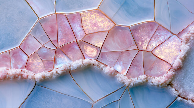 Aerial View of Pink and Blue Salt Flat Geometric Polygon Patterns with Crystal Ridge, Abstract Mineral Texture Nature Background