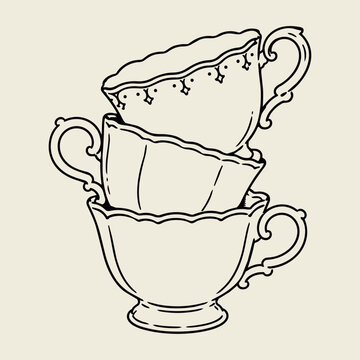 Vintage stacked teacups hand drawn line art vector illustration, cottagecore retro style
