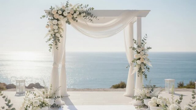 seamless loop, wedding arch, ocean background, coastal ceremony, white flowers, wedding altar, seaside wedding, luxury background, quiet luxury, elegant, bright, minimalist, sophisticated, serene, rom