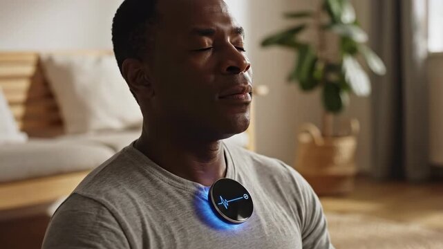 Black Man Meditating with a Glowing Blue Wearable Heartbeat Monitor on His Chest in a Living Room