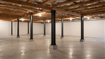 Naklejka premium Crawl space with steel support jacks and concrete pads stabilizing wooden beams, featuring a clean concrete floor and insulation.