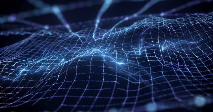 Abstract digital network grid with glowing blue lines and data points on a dark background, representing technology and connectivity.